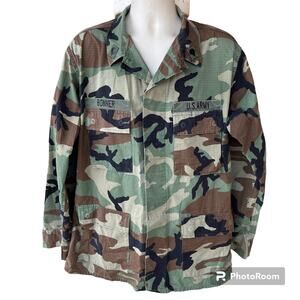 US Army Woodland Camouflage Button Front Pockets Hot Weather Coat Mens L Long